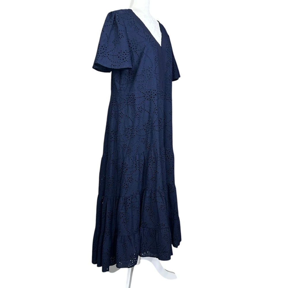 Chico's Navy Eyelet V-Neck Tiered Midi Dress - Picture 3 of 15